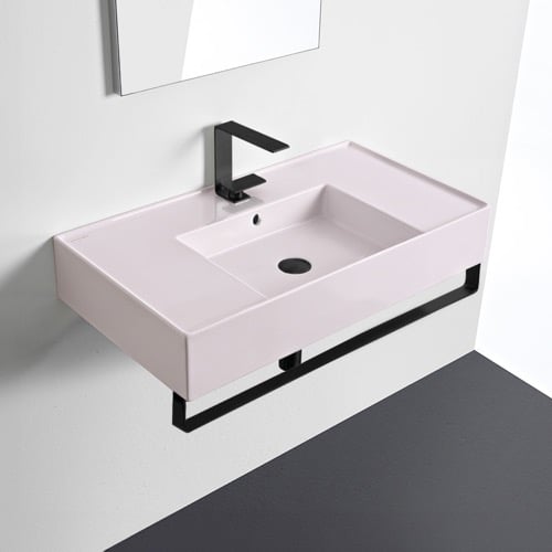 Pink Console Sink With Matte Black Towel Bar, Modern Scarabeo 5123-54-TB-BLK